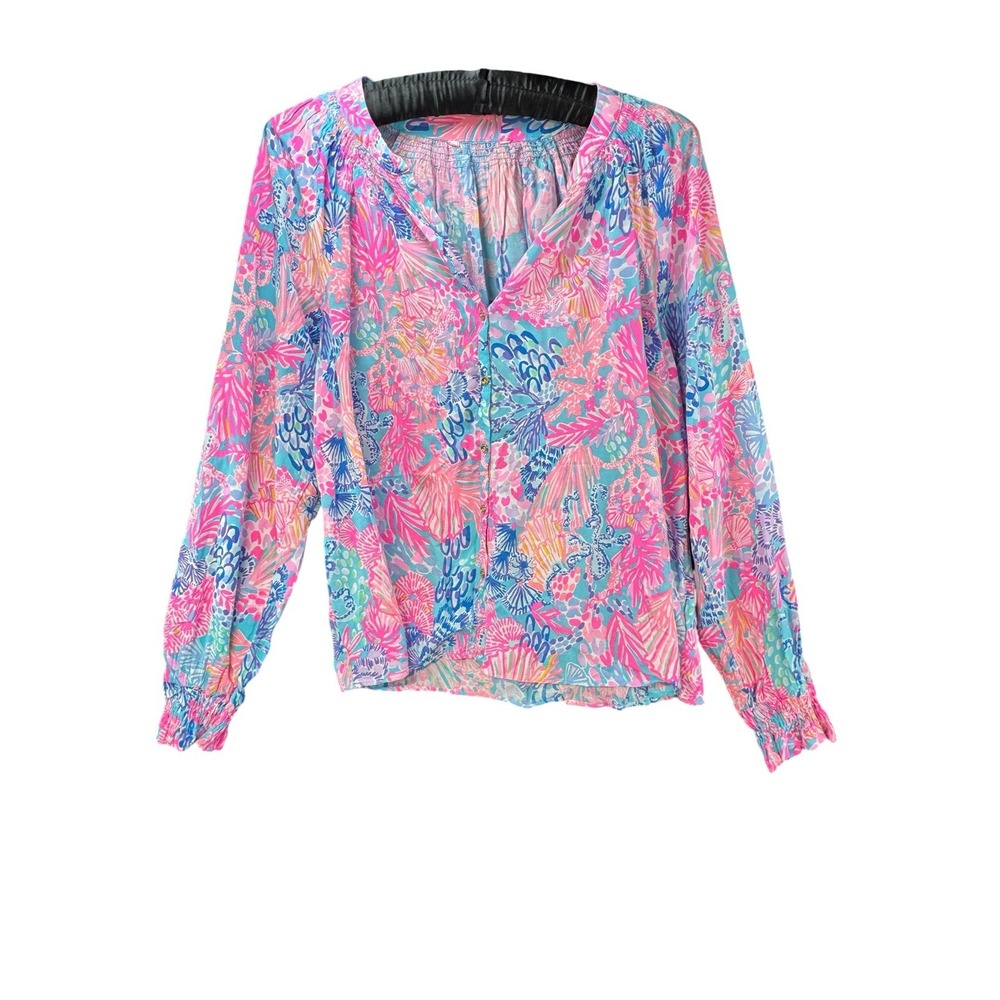 Lilly Pulitzer Womens Floral Blouse Pink Blue Rayon Long Sleeve Gold Buttons